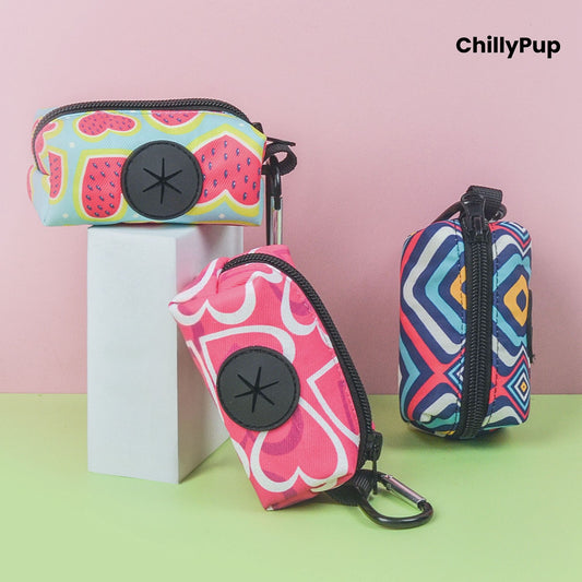3 Poo bag holder on a colourful background with Chillypup branding