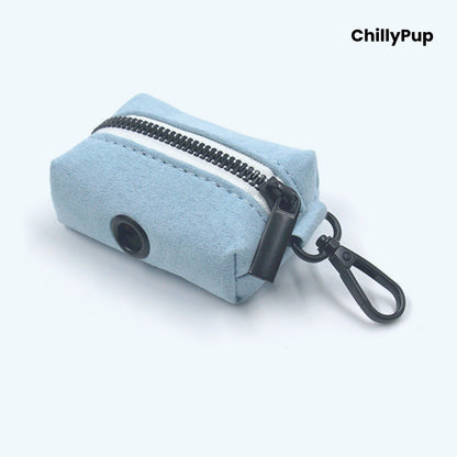 Blue pet lead, collar, and pouch set with a bow on a white background, branded 'ChillyPup'.