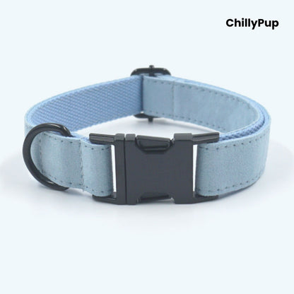 Blue pet lead, collar, and pouch set with a bow on a white background, branded 'ChillyPup'.