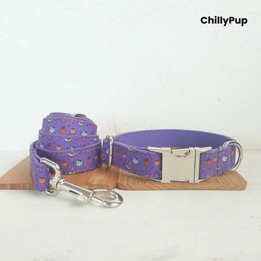Purple Halloween dog collar and lead on a wooden board, branded 'ChillyPup