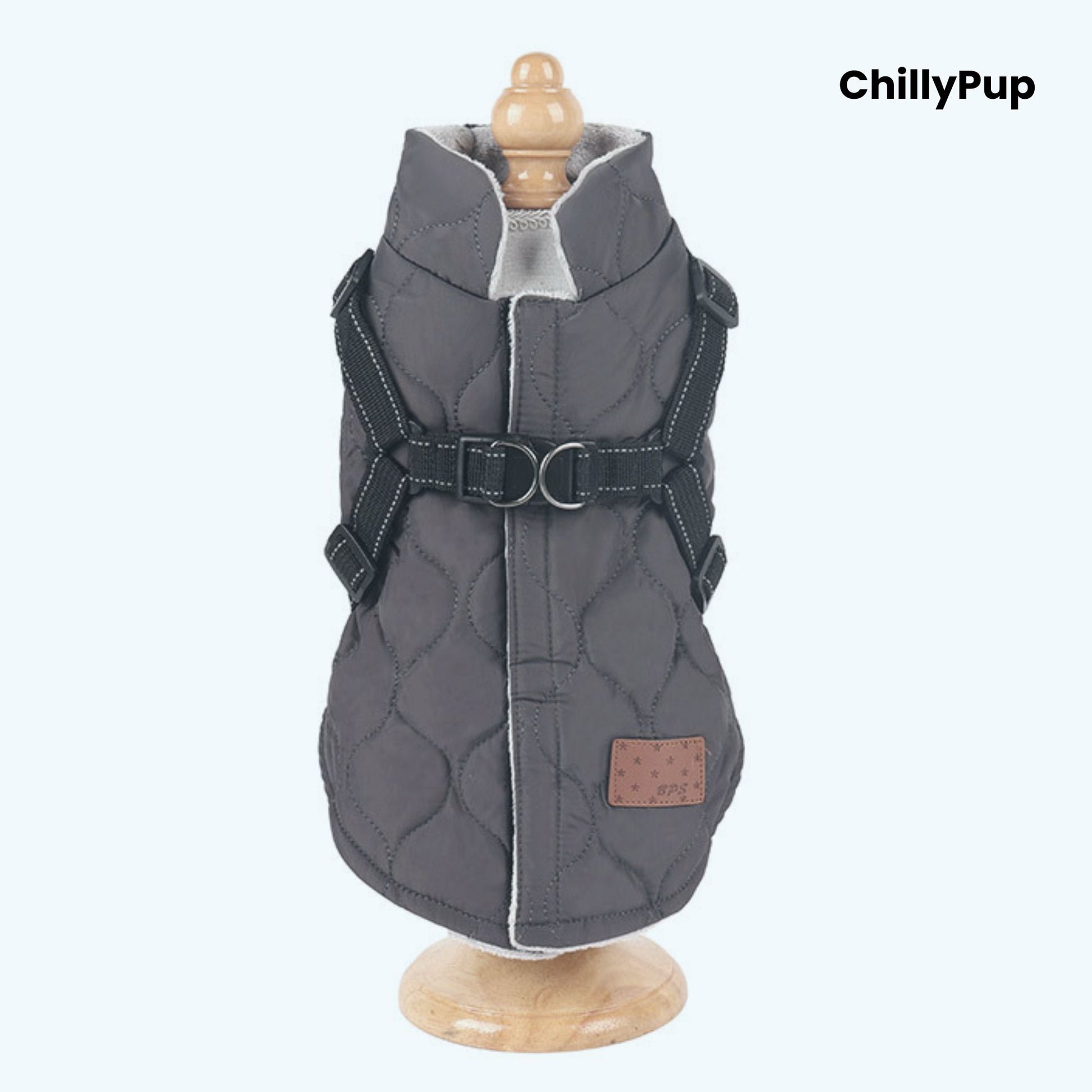 Quilted Comfort Harness Dog Coat  on a white background with Chillypup branding.