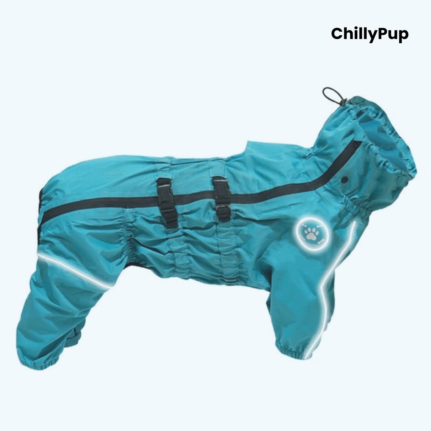Rain Guard Full-Body Dog Raincoat on a white background with Chillypup branding.