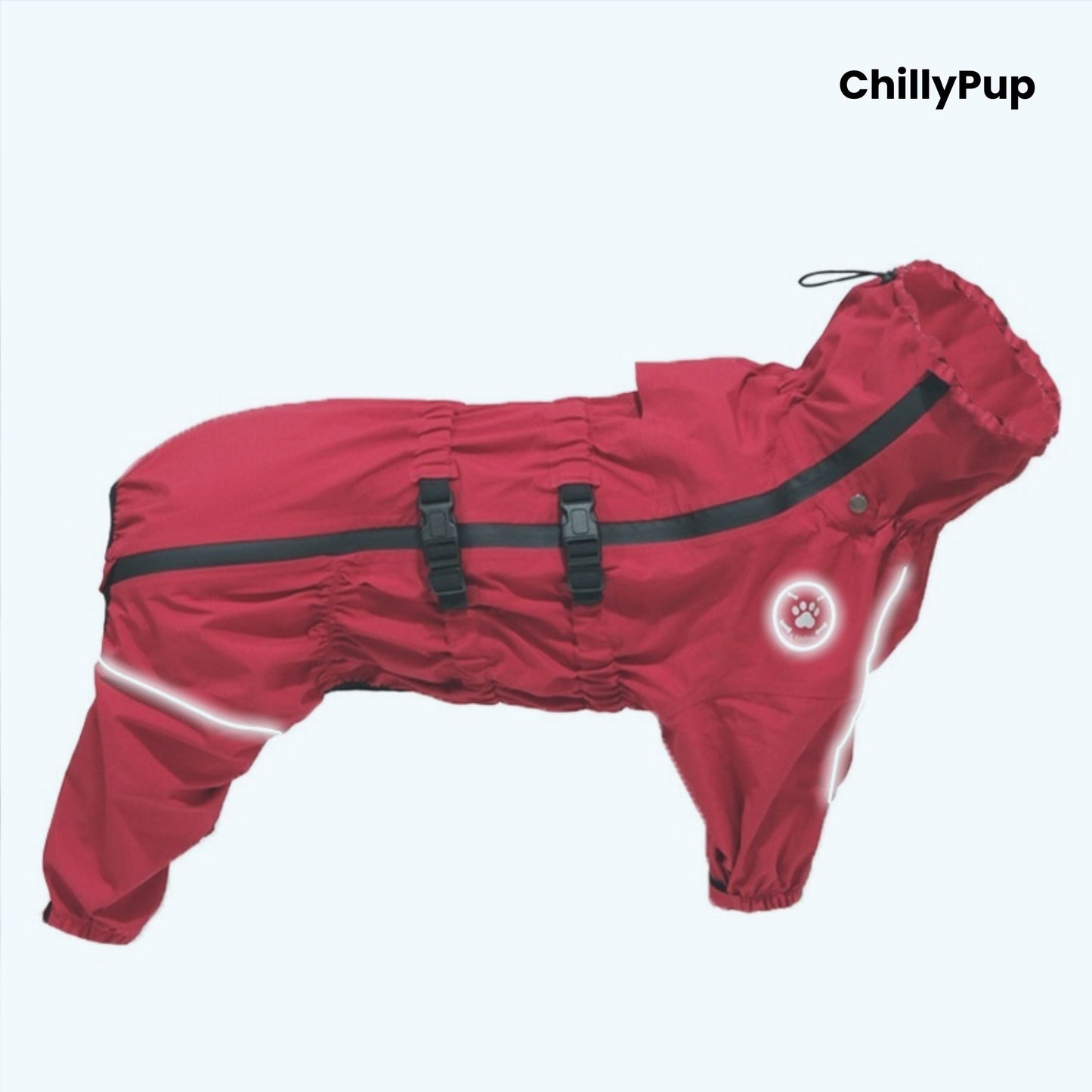 Rain Guard Full-Body Dog Raincoat on a white background with Chillypup branding.