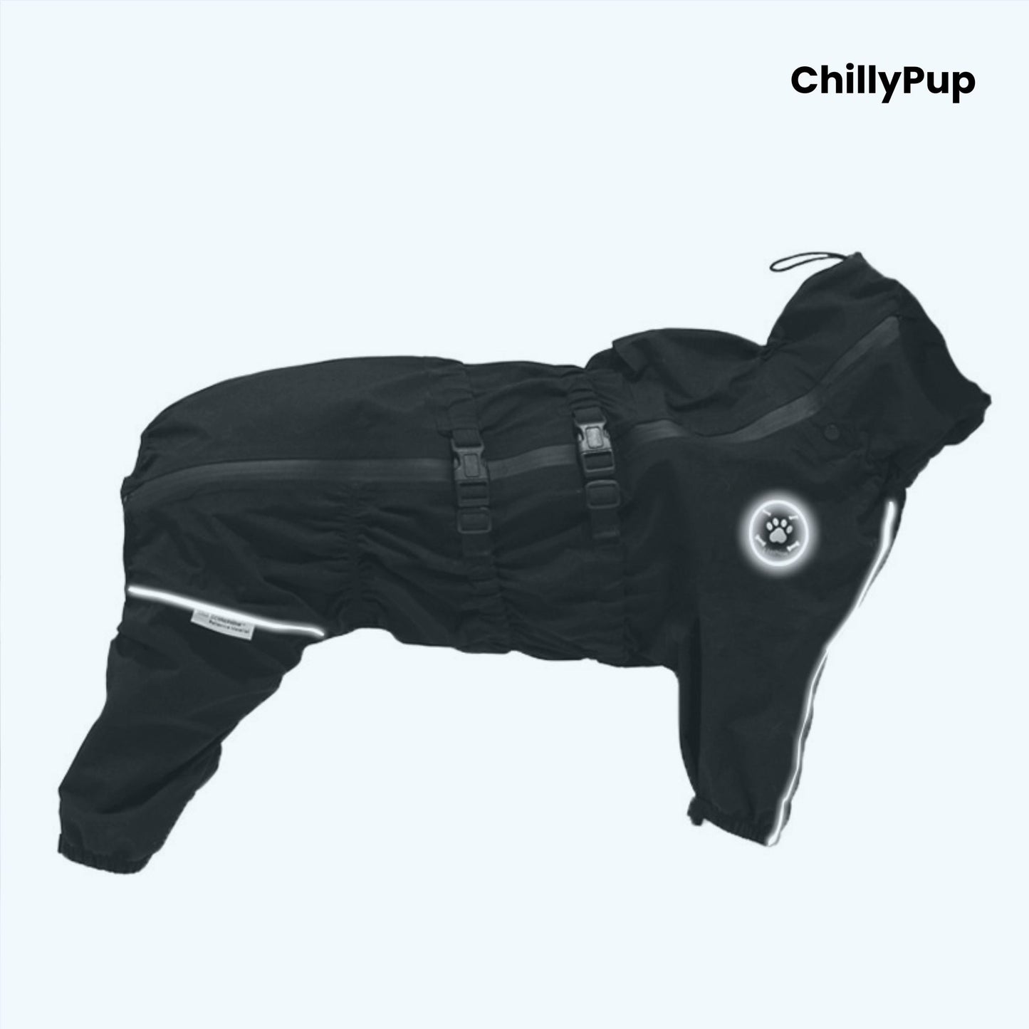 Rain Guard Full-Body Dog Raincoat on a white background with Chillypup branding.