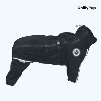 Rain Guard Full-Body Dog Raincoat on a white background with Chillypup branding.