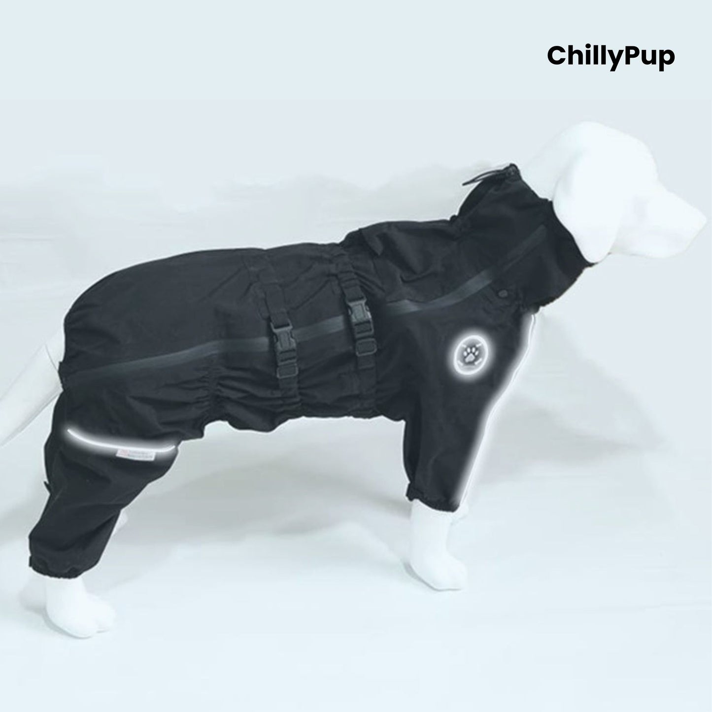 Rain Guard Full-Body Dog Raincoat on a white background with Chillypup branding.