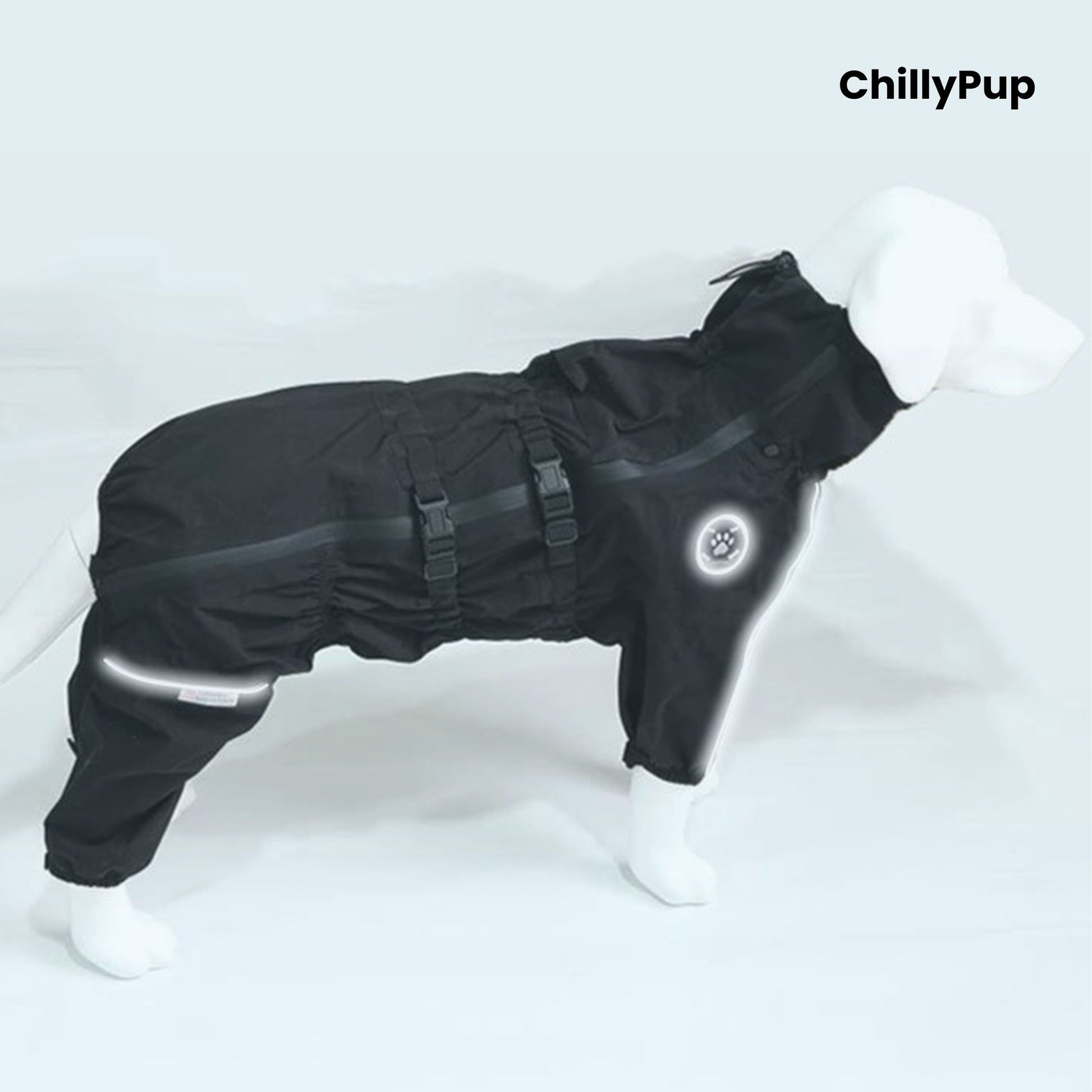 Rain Guard Full-Body Dog Raincoat on a white background with Chillypup branding.
