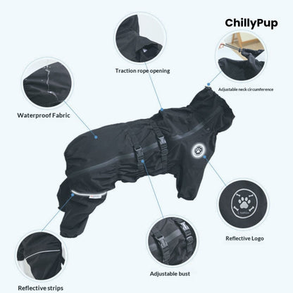Rain Guard Full-Body Dog Raincoat on a white background with Chillypup branding.