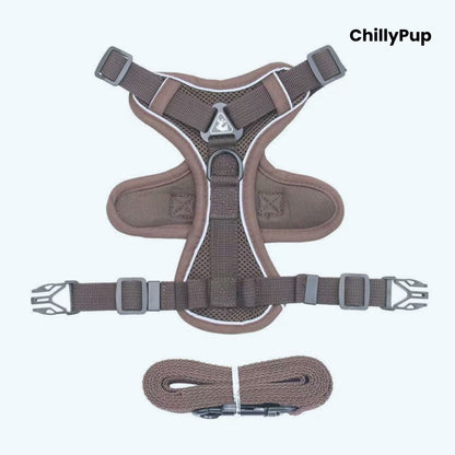 Brown dog harness with matching lead on a white background, branded 'ChillyPup'.