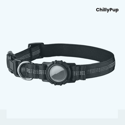 Black dog collar with a black buckle and reflective strip on a white background, branded 'ChillyPup'.