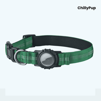Green dog collar with a black buckle and reflective strip on a white background, branded 'ChillyPup'.