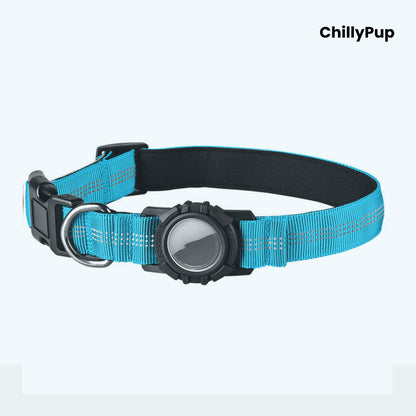 Blue dog collar with a black buckle and reflective strip on a white background, branded 'ChillyPup'.
