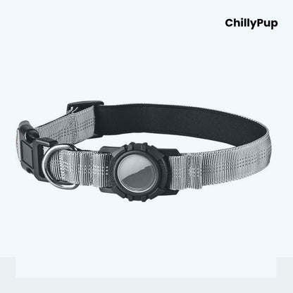 Silver dog collar with a black buckle and reflective strip on a white background, branded 'ChillyPup'.