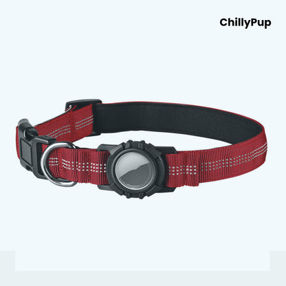 Red dog collar with a black buckle and reflective strip on a white background, branded 'ChillyPup'.