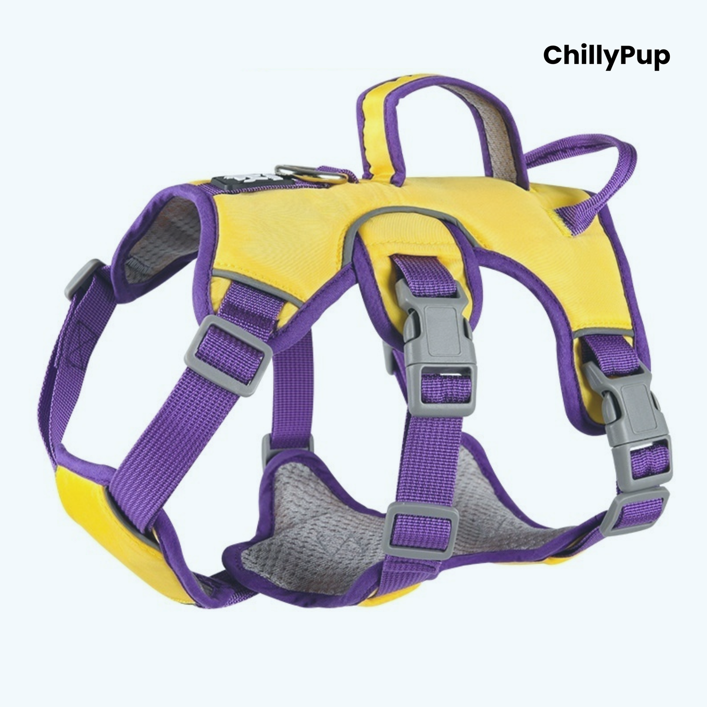 A yellow and purple dog harness with grey plastic buckles, shown on a light blue background with the brand name 'ChillyPup' in the top right corner.