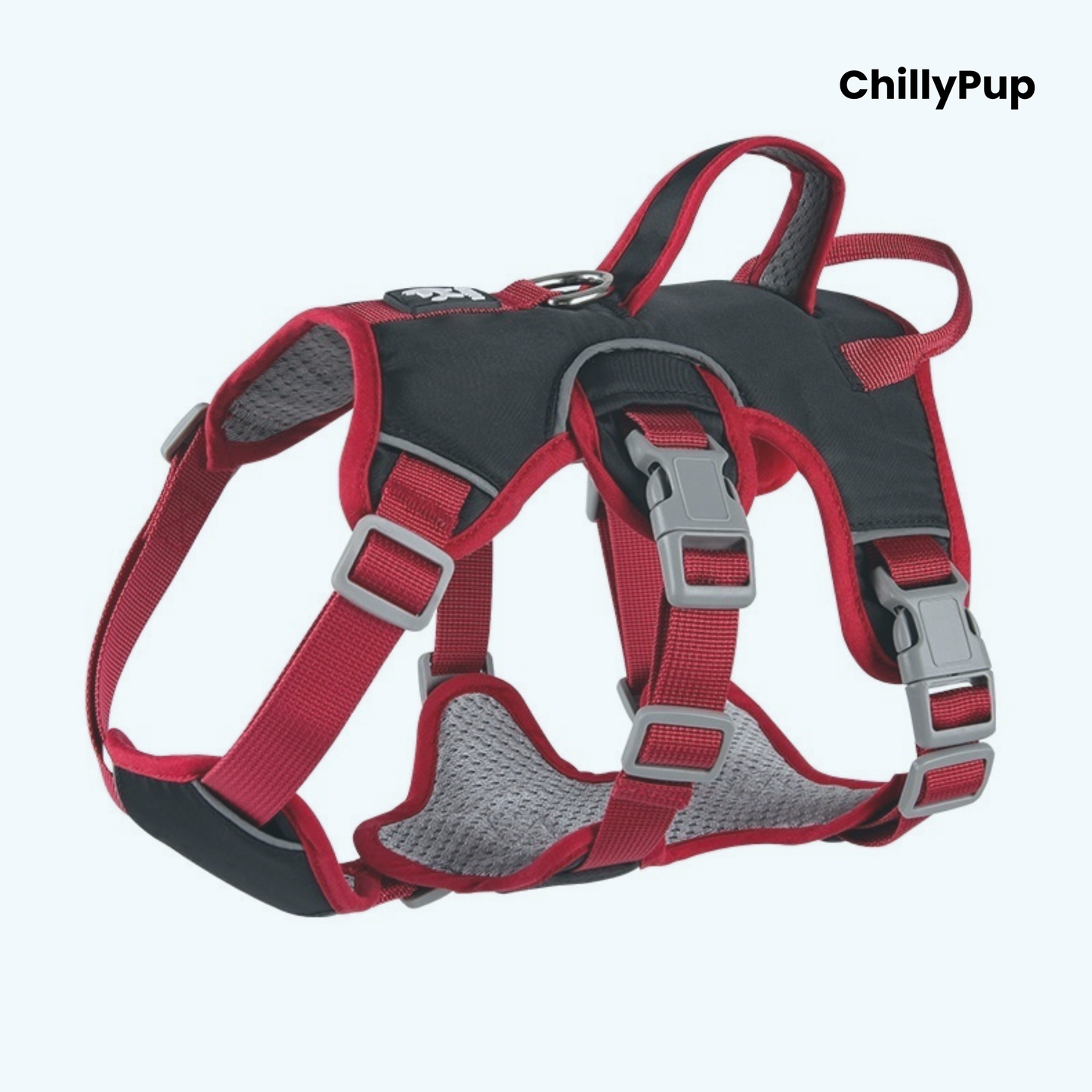 A red and black dog harness with grey mesh padding and silver plastic buckles, shown on a light blue background with the brand name 'ChillyPup' in the top right corner.