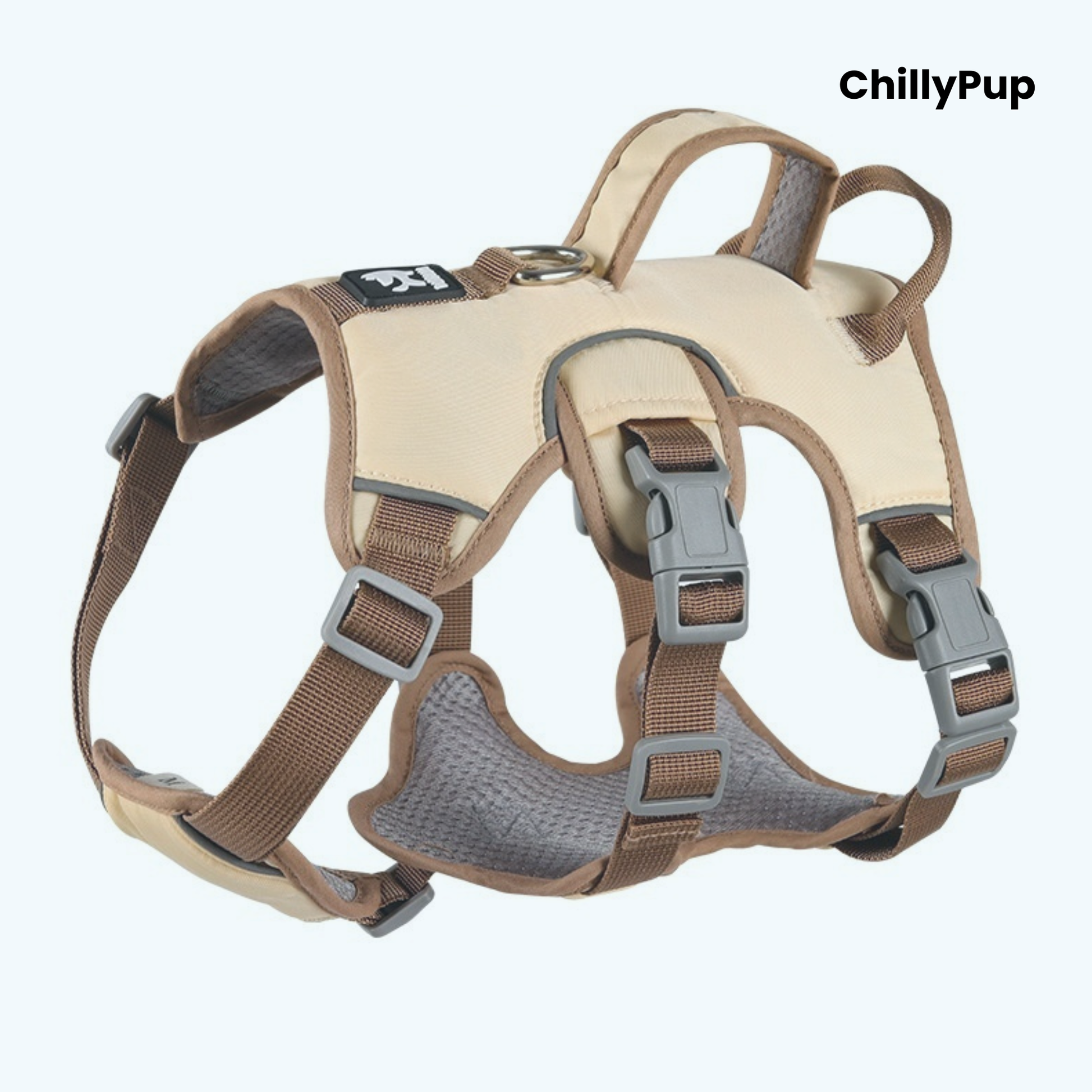 A beige and brown dog harness with grey mesh padding and plastic buckles, shown on a light blue background with the brand name 'ChillyPup' in the top right corner.