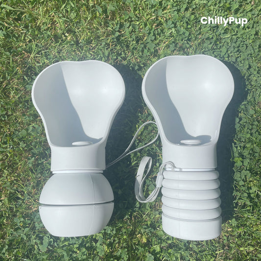 Two Foldable silicone water bottles with drinking section on grass.