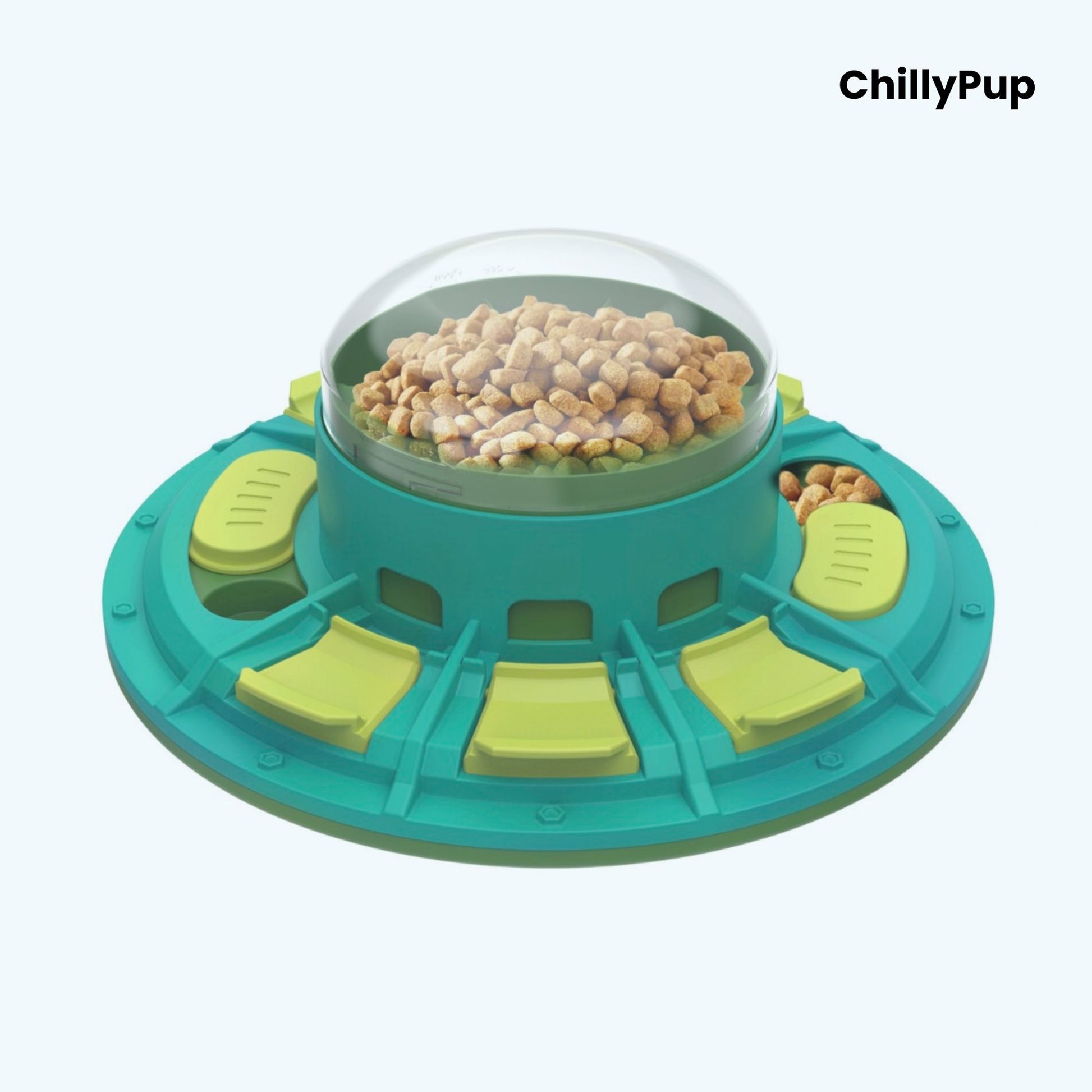 Pet toy with food dispenser on a white background, branded 'ChillyPup'