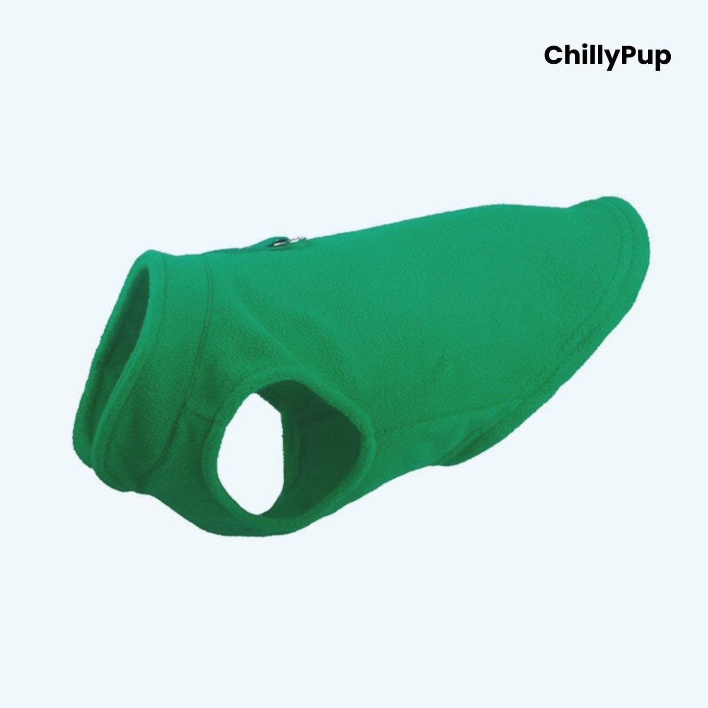Green dog coat with 'ChillyPup' branding on a white background