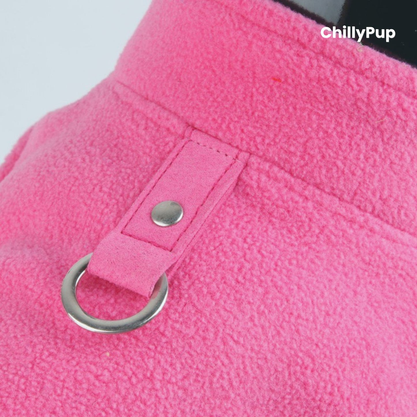Pink dog coat with 'ChillyPup' branding on a white background