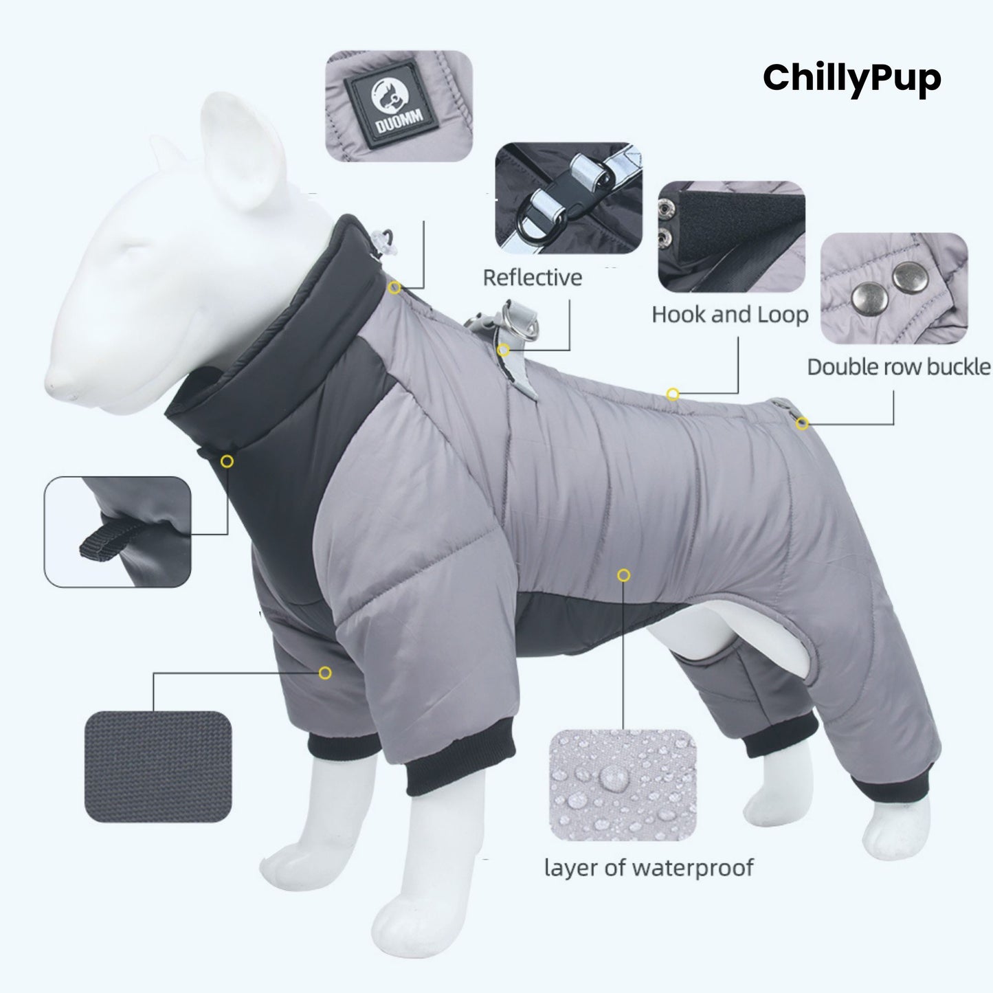 Grey dog coat with features highlighted on a white background, branded 'ChillyPup'