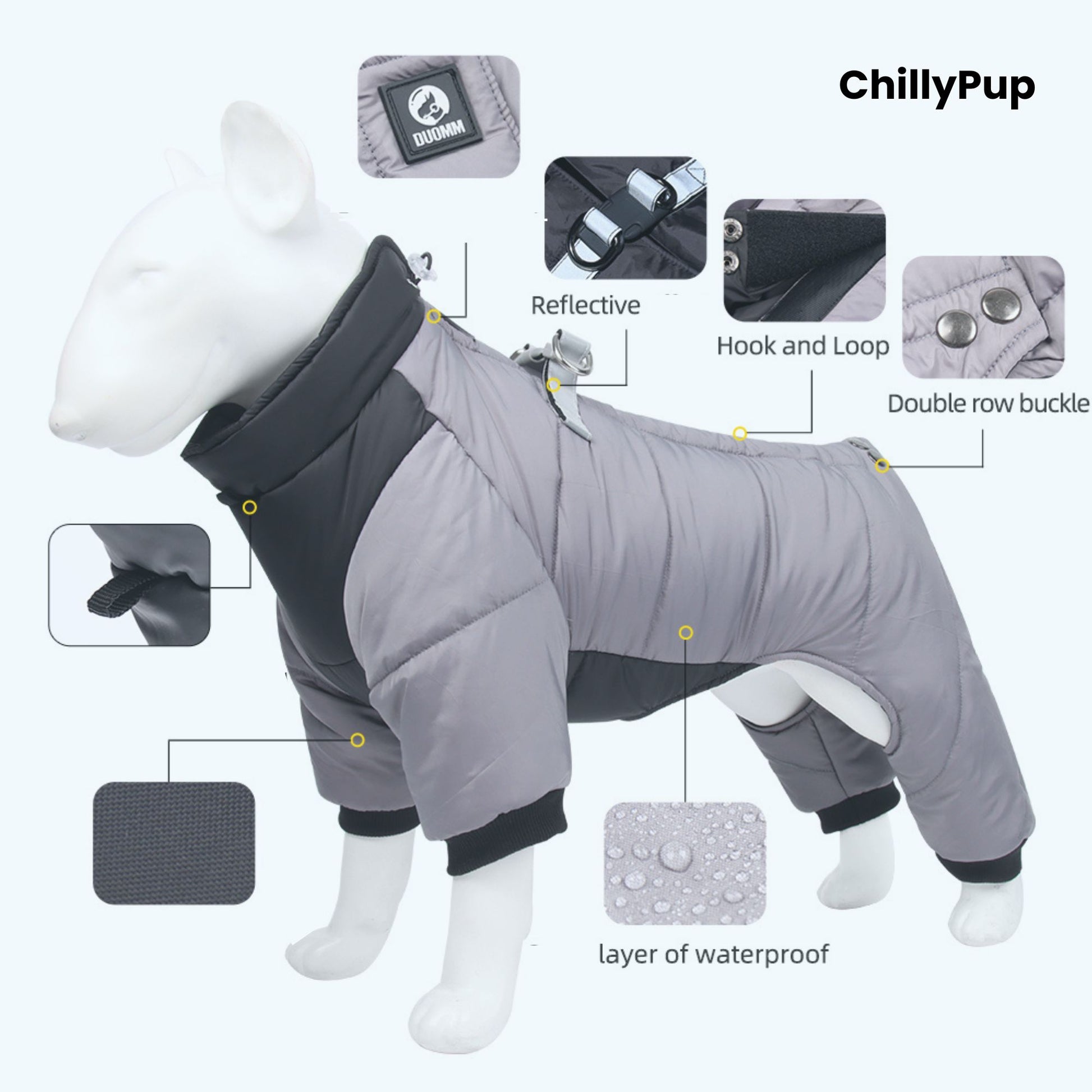 Grey dog coat with features highlighted on a white background, branded 'ChillyPup'