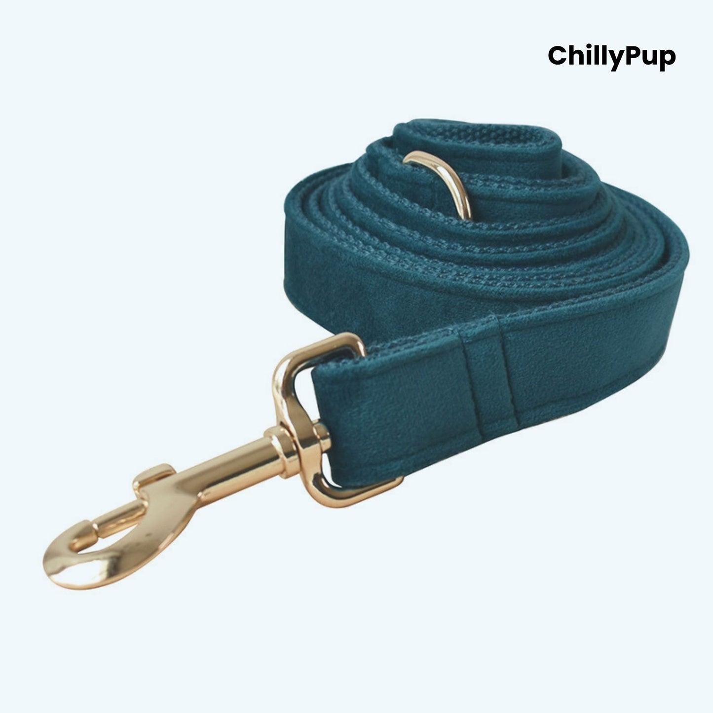Teal dog lead with gold hardware on a light blue background, branded 'ChillyPup'.