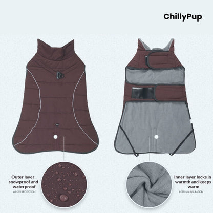 Dog coat showing both sides with Chillypup branding on a white background