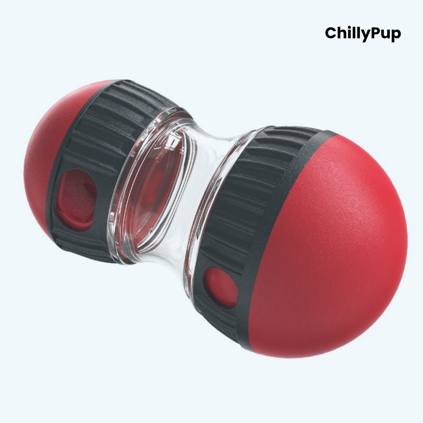 Red and black ball with clear centre on a white background, branded 'ChillyPup'.