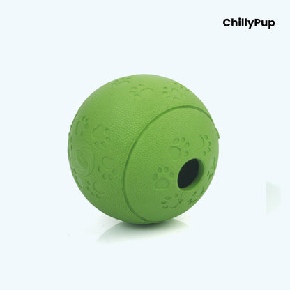 Treat Dispensing Enrichment Ball on a white background with Chillypup branding