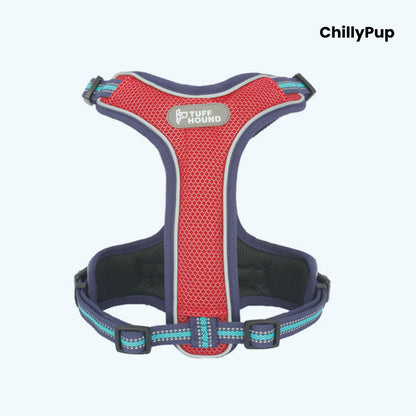 Red and blue dog harness with 'Tuff Hound' label on a white background, branded 'ChillyPup'.