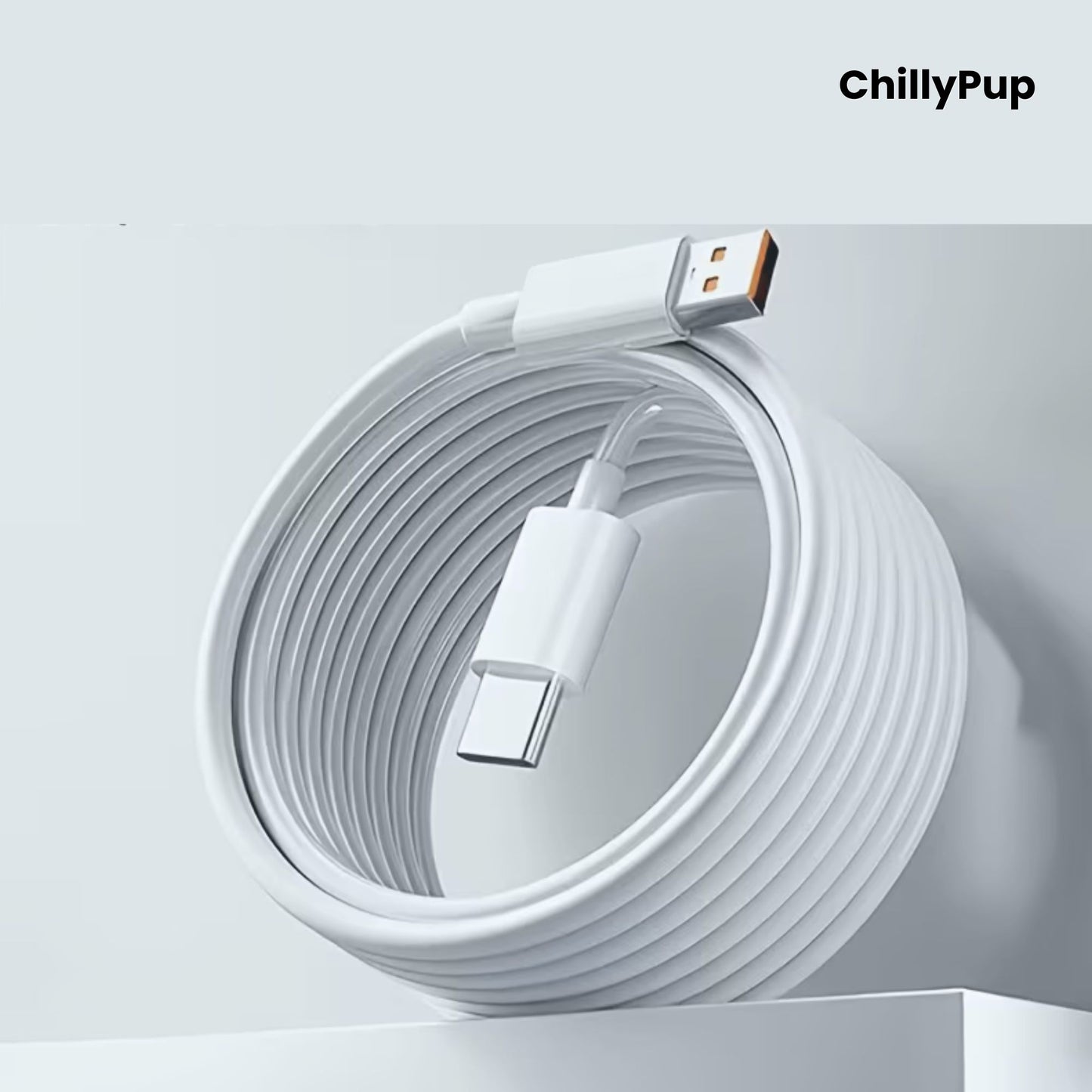 Coiled white USB cable on a light grey background with 'ChillyPup' branding.