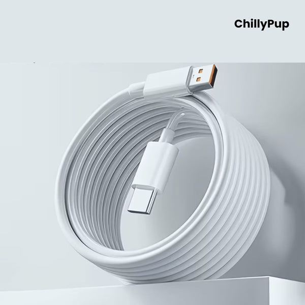 Coiled white USB cable on a light grey background with 'ChillyPup' branding.
