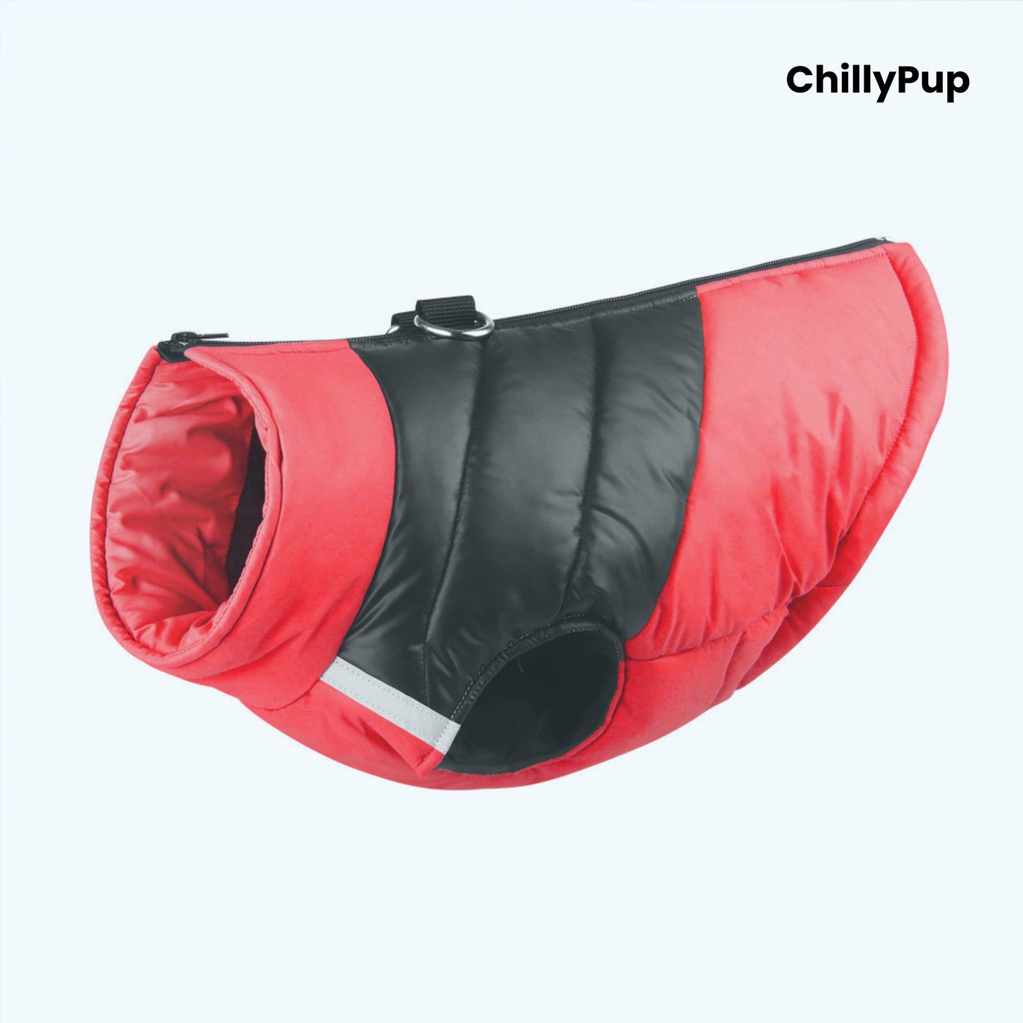 Padded dog coat with zip and D ring on a white background with ChillPup branding.