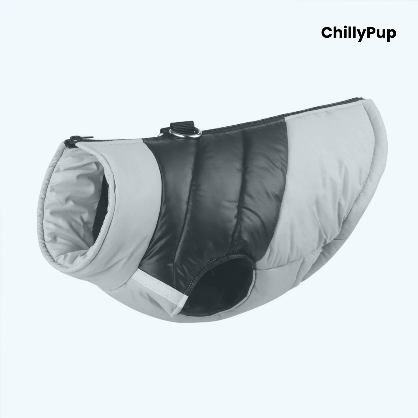 Padded dog coat with zip and D ring on a white background with ChillPup branding.
