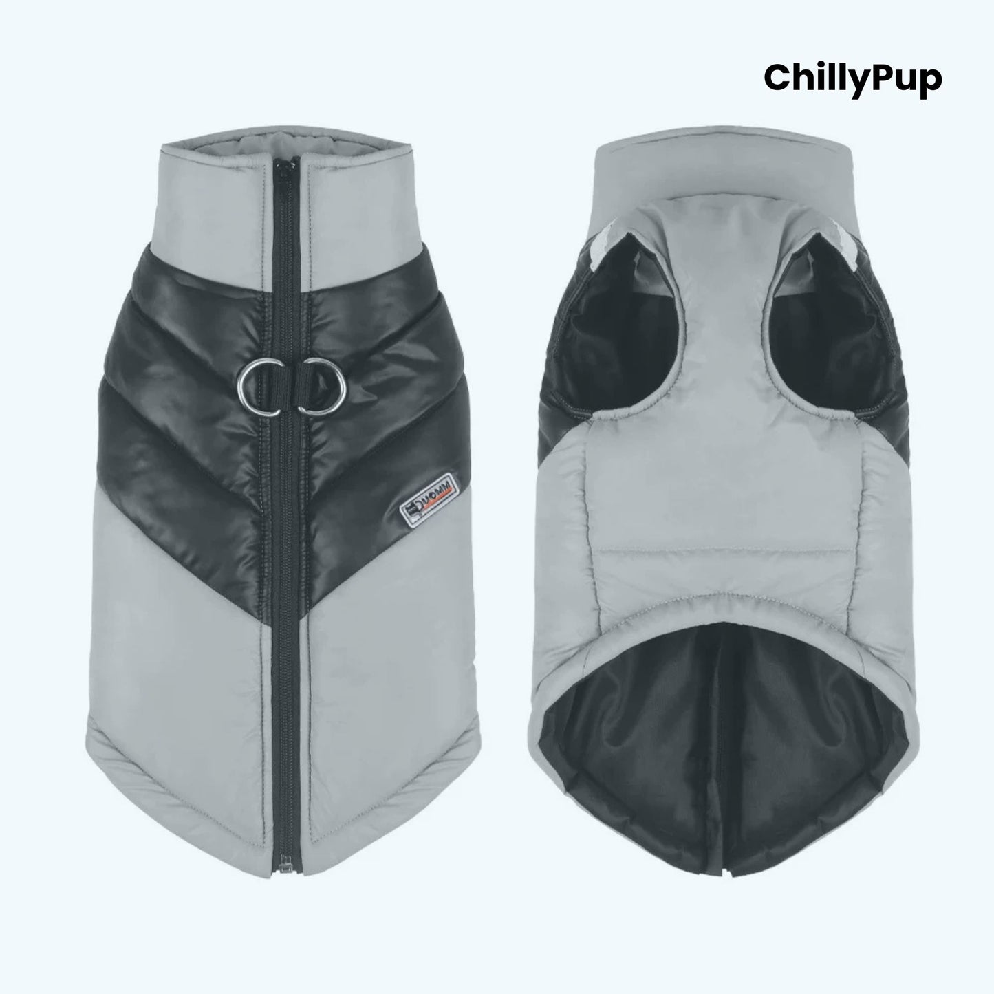 Padded dog coat with zip and D ring on a white background with ChillPup branding.