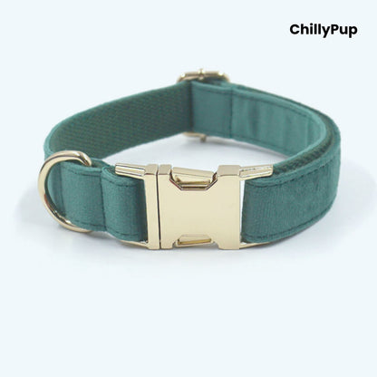 Velvet Dog Collar, Harness & Lead Set on a white background with Chillypup branding