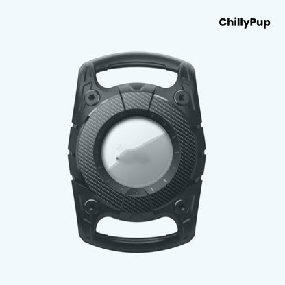 Black dog Airtag holder with handle on a white background, branded 'ChillyPup'.