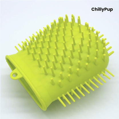 Yellow silicone dog Paw cleaner with 'ChillyPup' branding on a white background