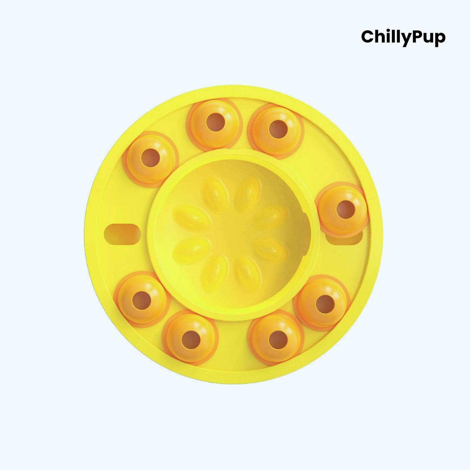 Circular dog toy with yellow design on a light grey background, branded 'ChillyPup'