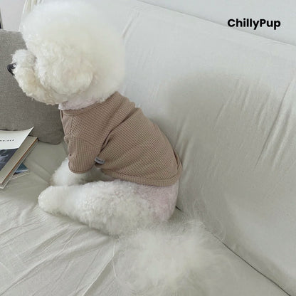 Small dog wearing the Bramble Waffle Knit Dog Jumper in Taupe