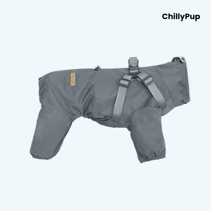 Drizzle Harness Dog Raincoat in Dark Grey, full-body waterproof suit with built-in harness