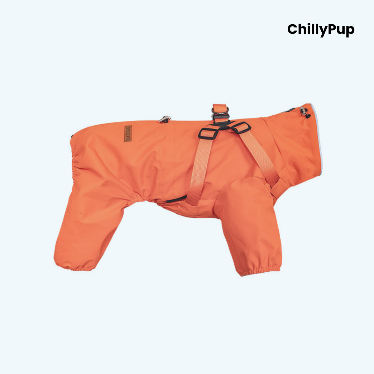 Drizzle Harness Dog Raincoat in Orange, full-body waterproof suit with built-in harness