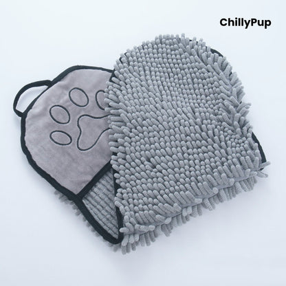 grey pet grooming mitt with paw print design on a light grey background, branded 'ChillyPup'.